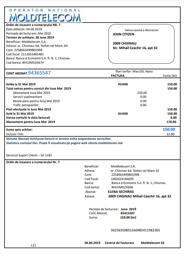 Moldova Moldtelecom utility bill template in Word and PDF format, fully editable